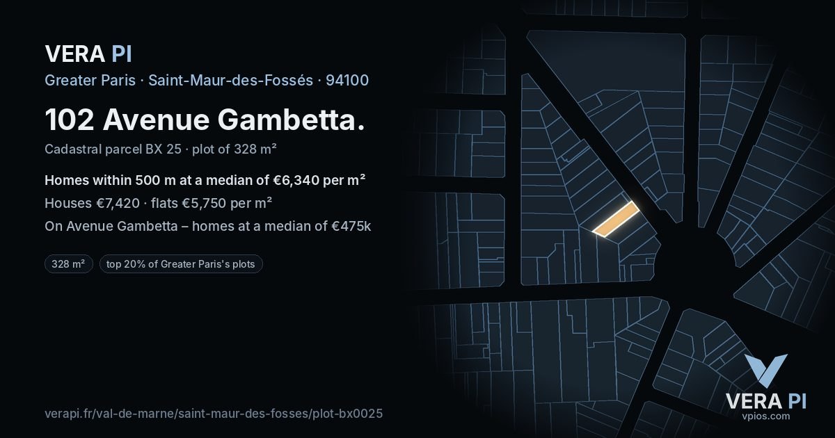 102 Avenue Gambetta, Saint-Maur-des-Fossés at night – the plot lit, the parcels around coloured by the prices near them