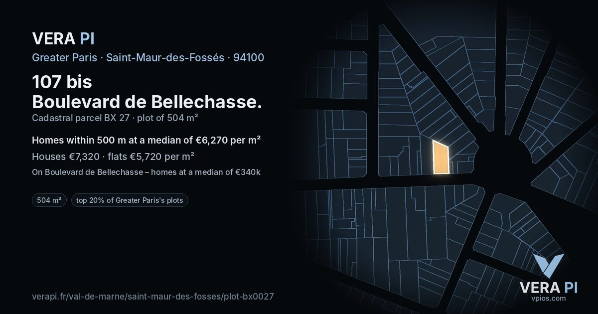 107 bis Boulevard de Bellechasse, Saint-Maur-des-Fossés at night – the plot lit, the parcels around coloured by the prices near them