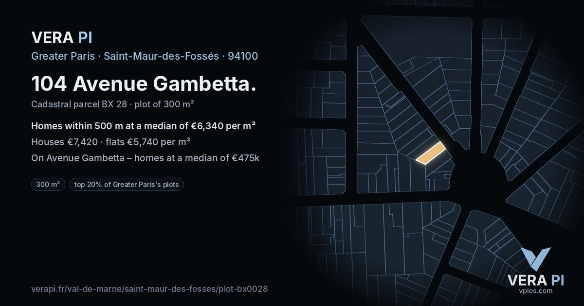 104 Avenue Gambetta, Saint-Maur-des-Fossés at night – the plot lit, the parcels around coloured by the prices near them