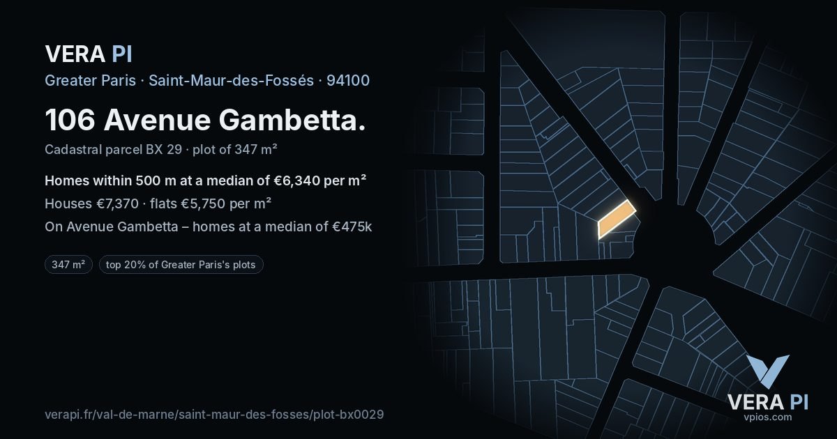 106 Avenue Gambetta, Saint-Maur-des-Fossés at night – the plot lit, the parcels around coloured by the prices near them