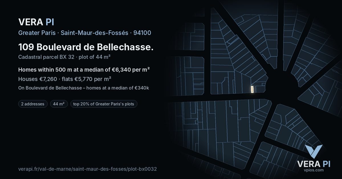 109 Boulevard de Bellechasse, Saint-Maur-des-Fossés at night – the plot lit, the parcels around coloured by the prices near them