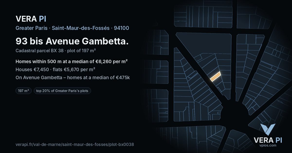 93 bis Avenue Gambetta, Saint-Maur-des-Fossés at night – the plot lit, the parcels around coloured by the prices near them