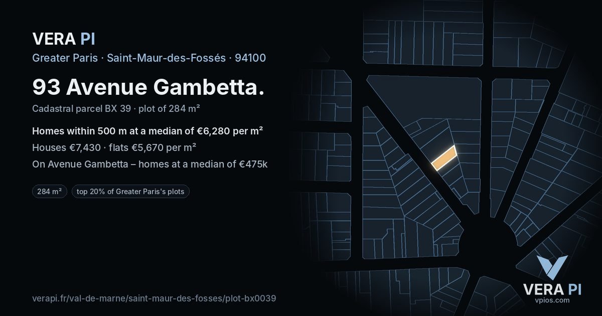 93 Avenue Gambetta, Saint-Maur-des-Fossés at night – the plot lit, the parcels around coloured by the prices near them