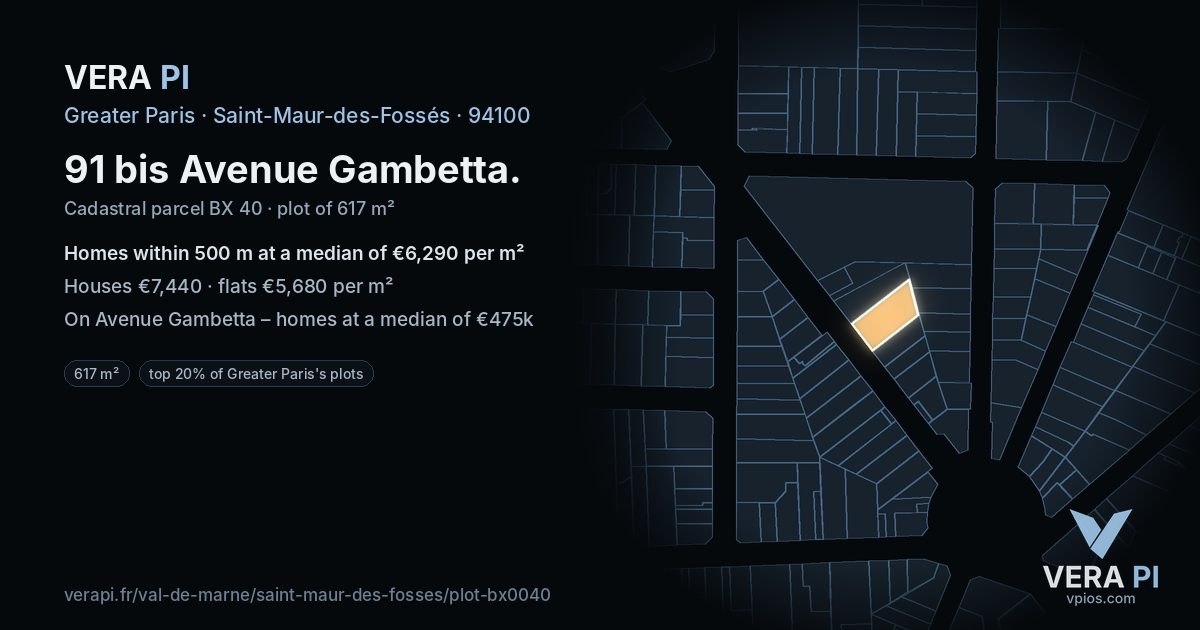 91 bis Avenue Gambetta, Saint-Maur-des-Fossés at night – the plot lit, the parcels around coloured by the prices near them