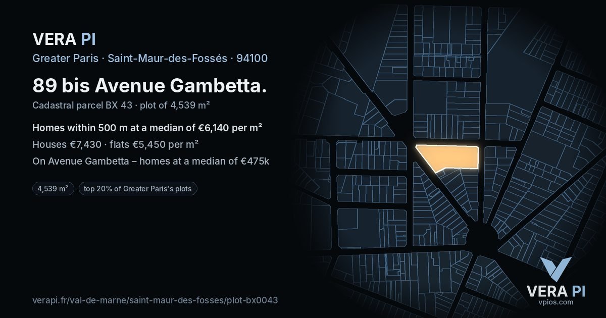 89 bis Avenue Gambetta, Saint-Maur-des-Fossés at night – the plot lit, the parcels around coloured by the prices near them