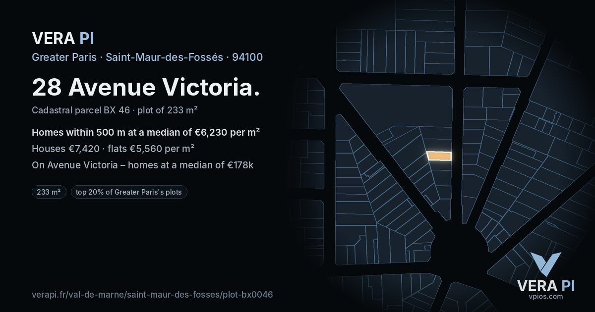 28 Avenue Victoria, Saint-Maur-des-Fossés at night – the plot lit, the parcels around coloured by the prices near them