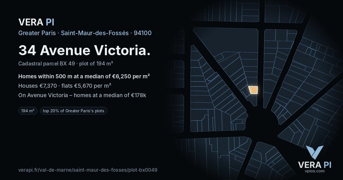34 Avenue Victoria, Saint-Maur-des-Fossés at night – the plot lit, the parcels around coloured by the prices near them