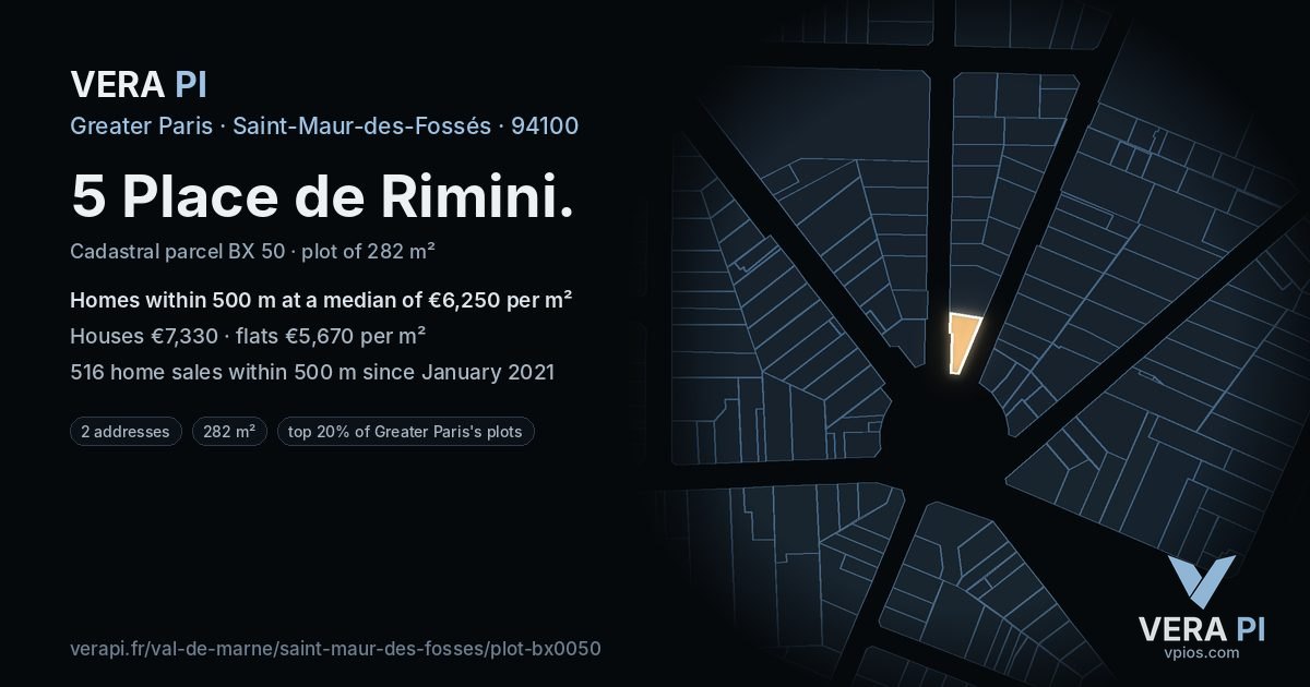 5 Place de Rimini, Saint-Maur-des-Fossés at night – the plot lit, the parcels around coloured by the prices near them