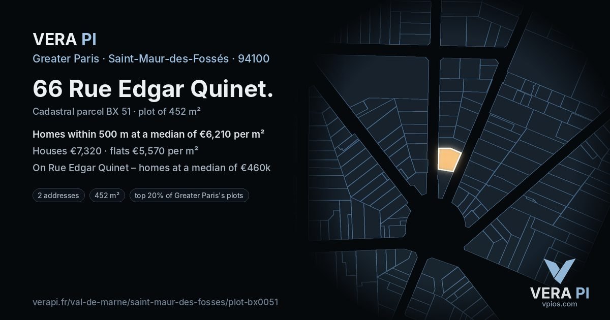 66 Rue Edgar Quinet, Saint-Maur-des-Fossés at night – the plot lit, the parcels around coloured by the prices near them