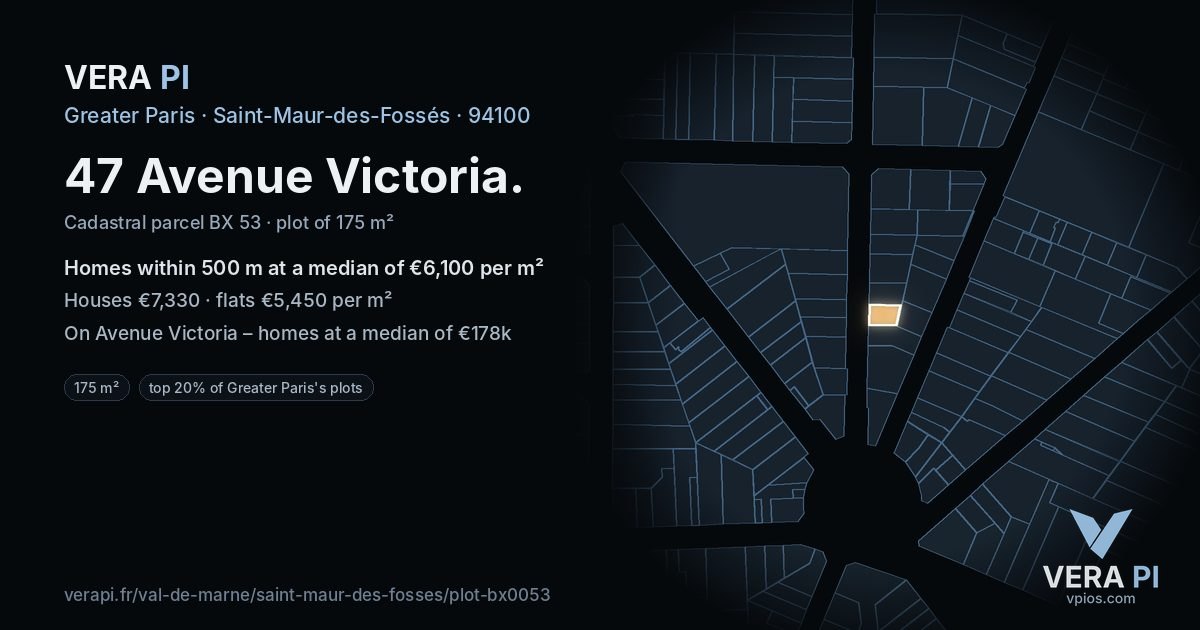 47 Avenue Victoria, Saint-Maur-des-Fossés at night – the plot lit, the parcels around coloured by the prices near them