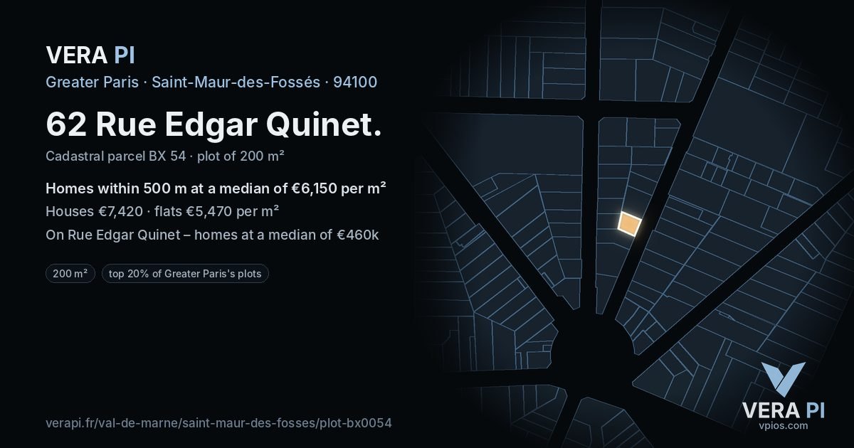 62 Rue Edgar Quinet, Saint-Maur-des-Fossés at night – the plot lit, the parcels around coloured by the prices near them