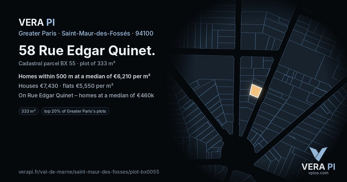 58 Rue Edgar Quinet, Saint-Maur-des-Fossés at night – the plot lit, the parcels around coloured by the prices near them