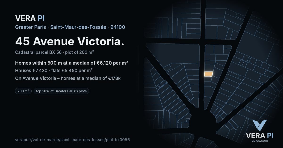 45 Avenue Victoria, Saint-Maur-des-Fossés at night – the plot lit, the parcels around coloured by the prices near them
