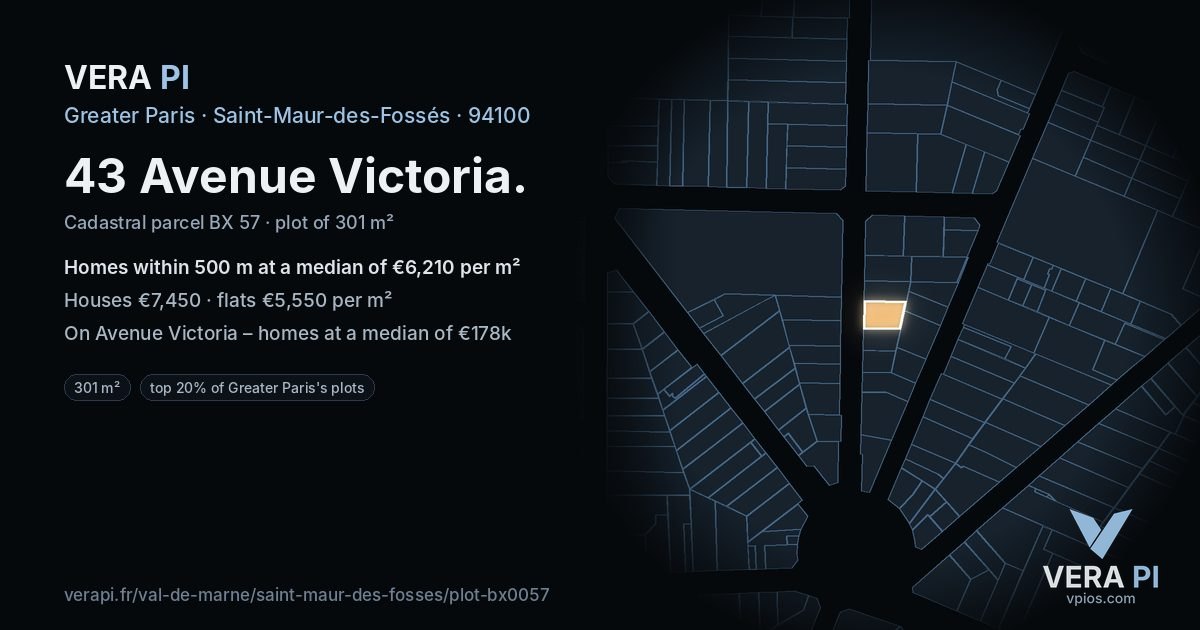43 Avenue Victoria, Saint-Maur-des-Fossés at night – the plot lit, the parcels around coloured by the prices near them