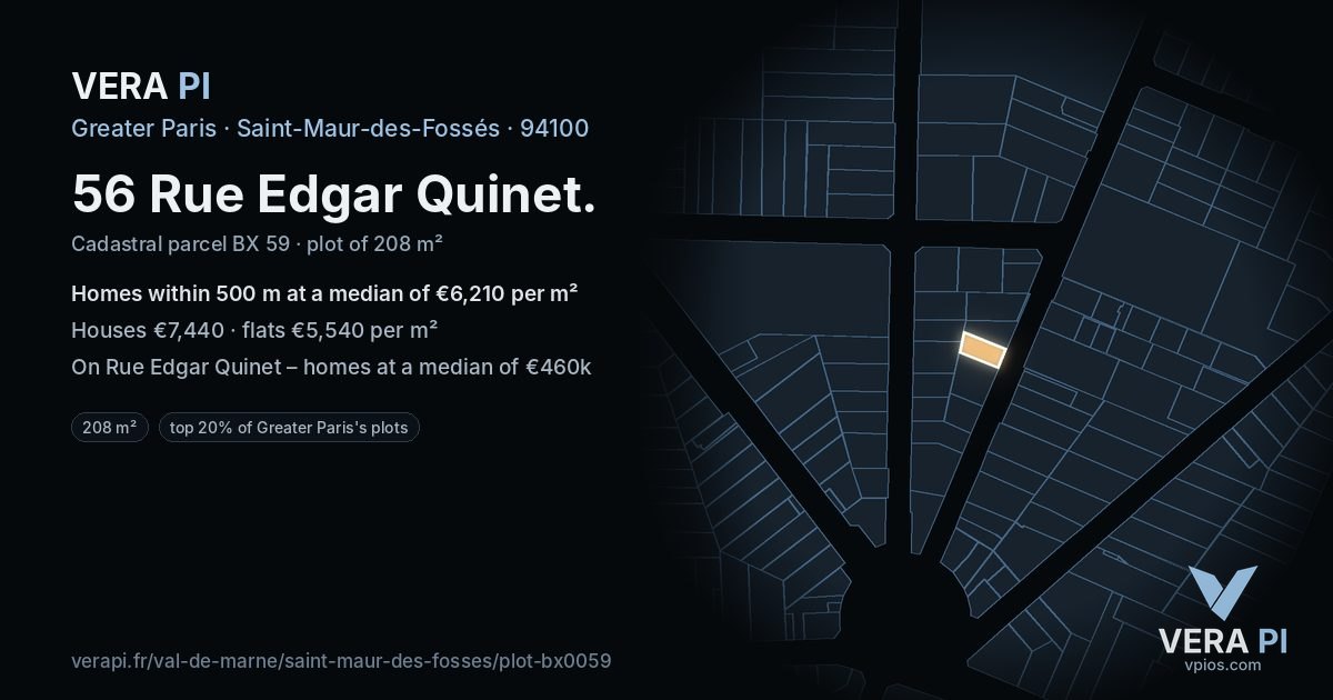 56 Rue Edgar Quinet, Saint-Maur-des-Fossés at night – the plot lit, the parcels around coloured by the prices near them