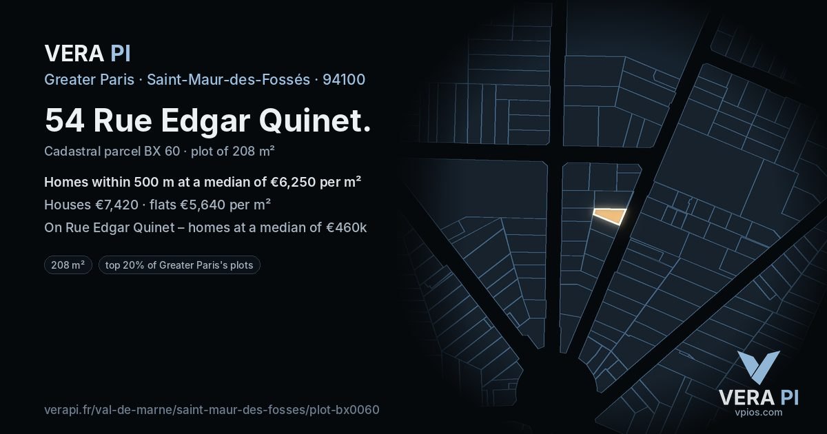 54 Rue Edgar Quinet, Saint-Maur-des-Fossés at night – the plot lit, the parcels around coloured by the prices near them