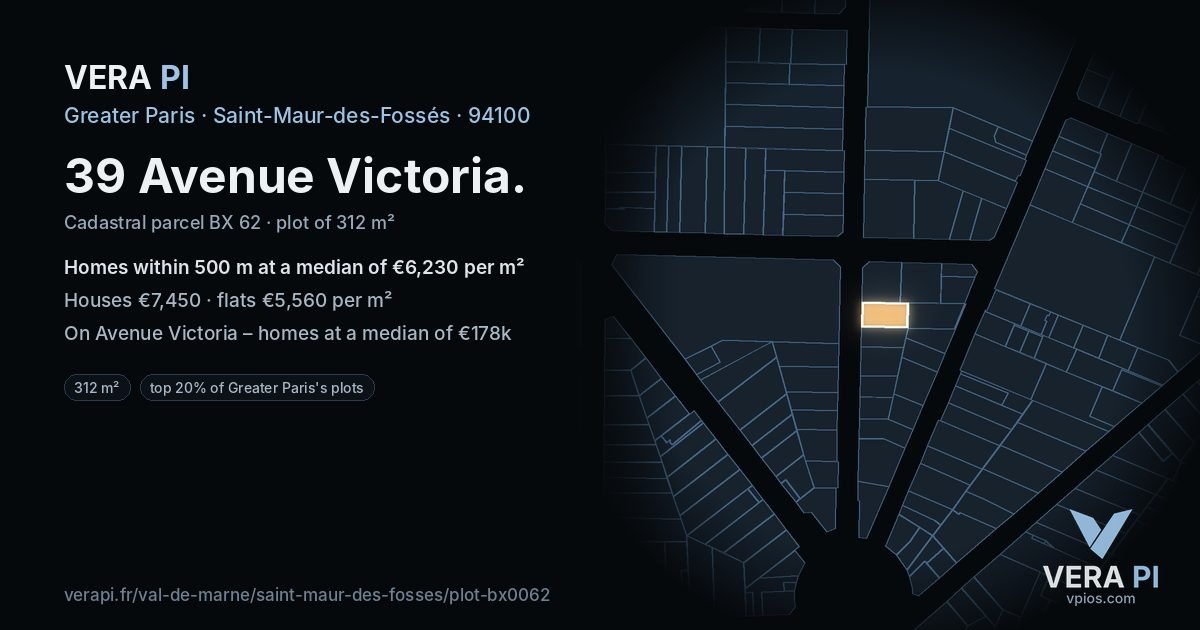 39 Avenue Victoria, Saint-Maur-des-Fossés at night – the plot lit, the parcels around coloured by the prices near them