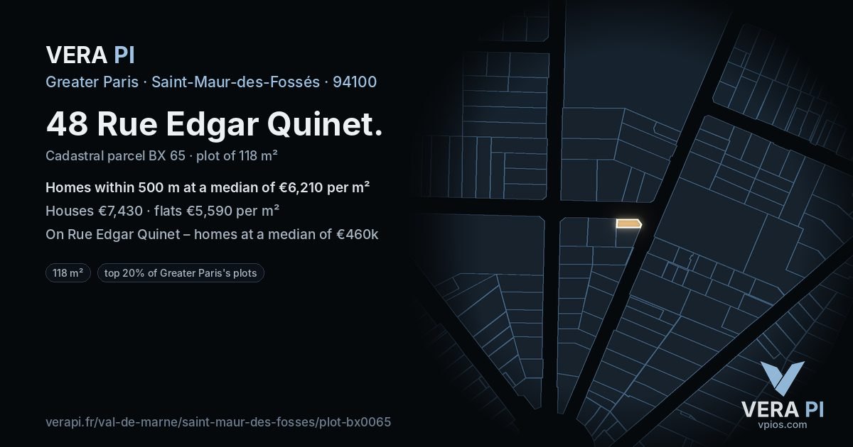 48 Rue Edgar Quinet, Saint-Maur-des-Fossés at night – the plot lit, the parcels around coloured by the prices near them