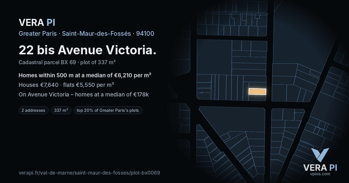 22 bis Avenue Victoria, Saint-Maur-des-Fossés at night – the plot lit, the parcels around coloured by the prices near them