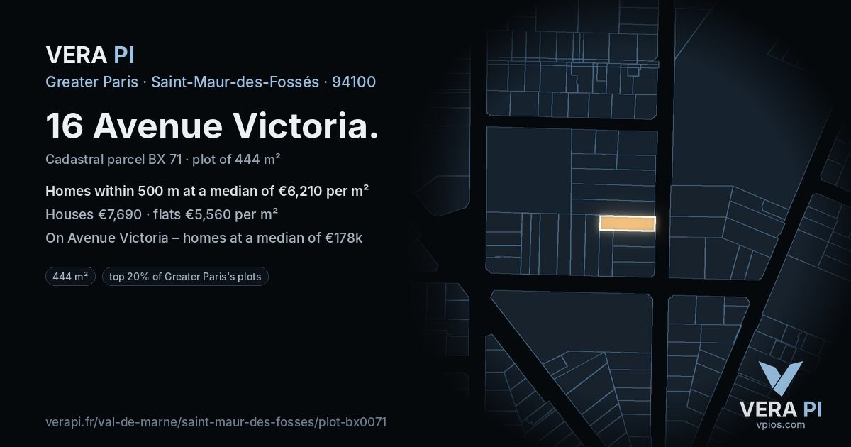 16 Avenue Victoria, Saint-Maur-des-Fossés at night – the plot lit, the parcels around coloured by the prices near them
