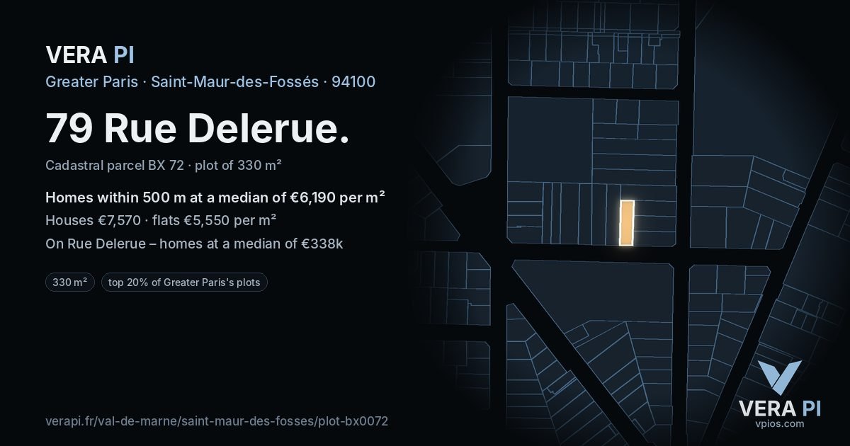 79 Rue Delerue, Saint-Maur-des-Fossés at night – the plot lit, the parcels around coloured by the prices near them