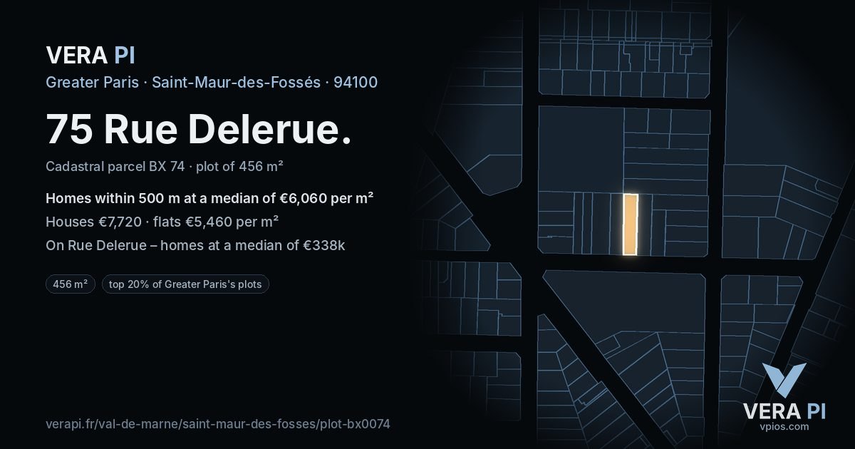 75 Rue Delerue, Saint-Maur-des-Fossés at night – the plot lit, the parcels around coloured by the prices near them