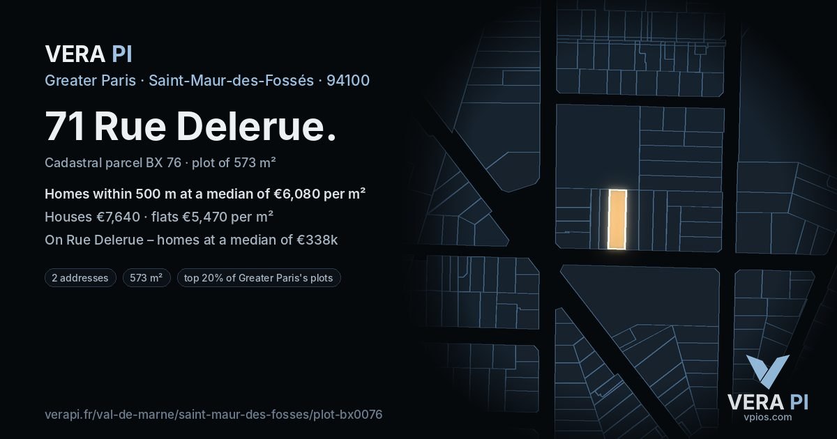 71 Rue Delerue, Saint-Maur-des-Fossés at night – the plot lit, the parcels around coloured by the prices near them