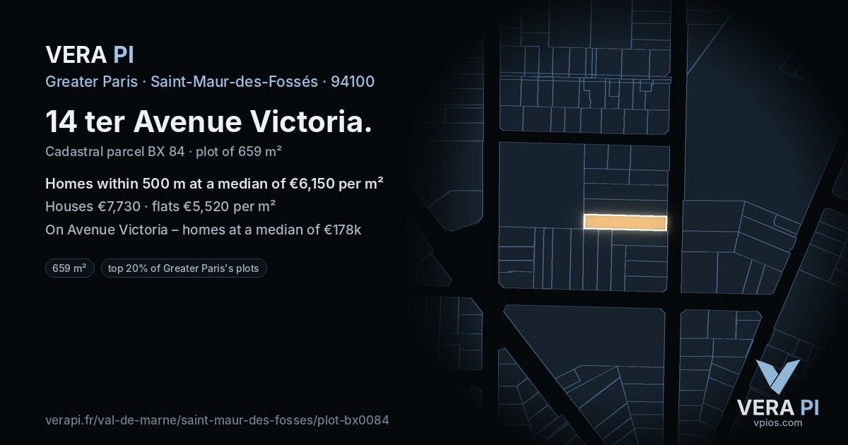 14 ter Avenue Victoria, Saint-Maur-des-Fossés at night – the plot lit, the parcels around coloured by the prices near them