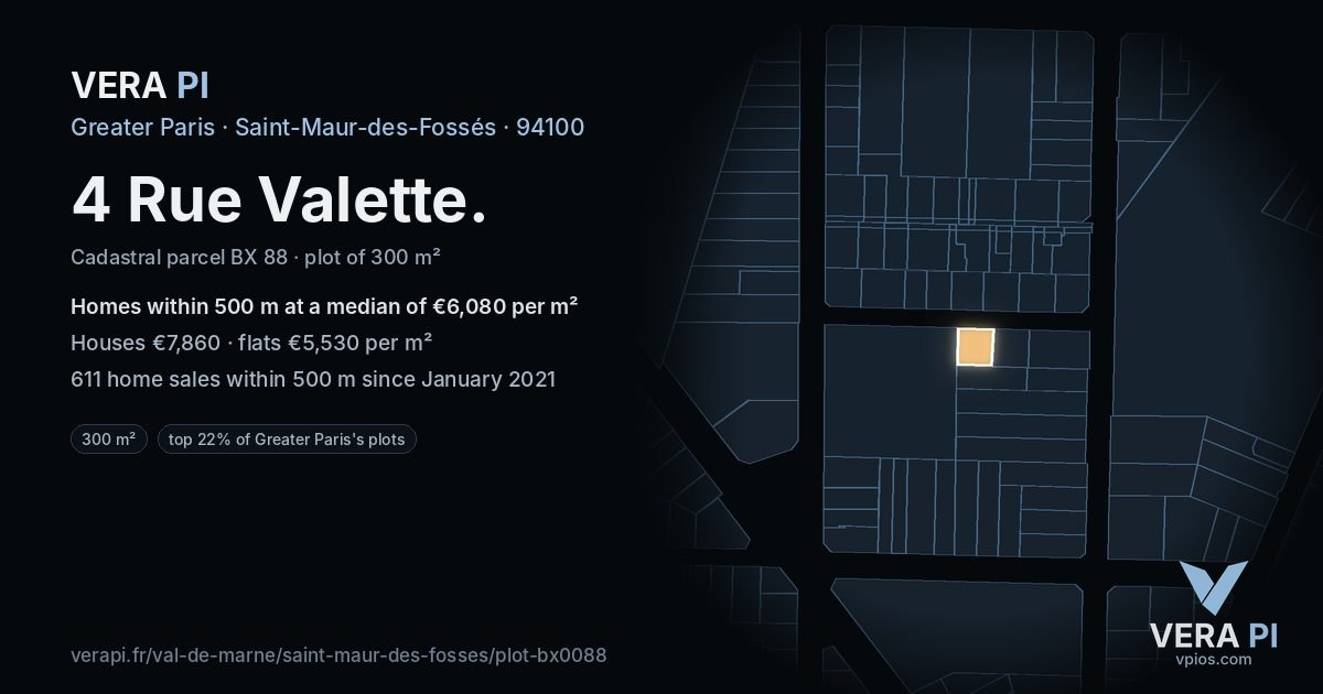 4 Rue Valette, Saint-Maur-des-Fossés at night – the plot lit, the parcels around coloured by the prices near them