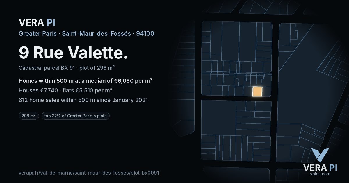 9 Rue Valette, Saint-Maur-des-Fossés at night – the plot lit, the parcels around coloured by the prices near them