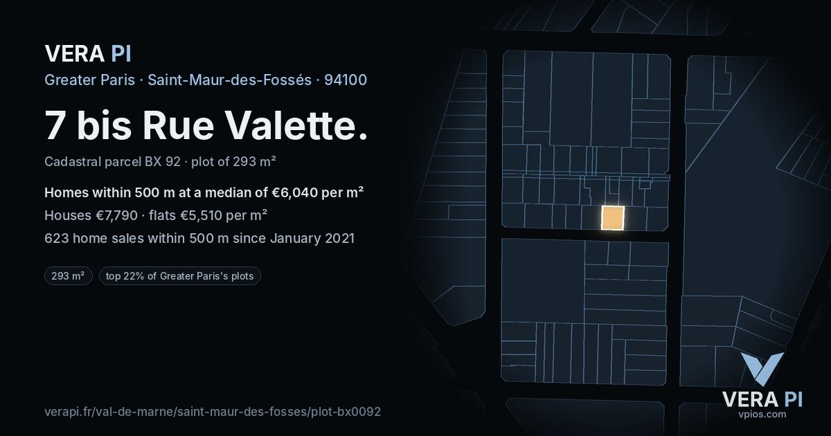 7 bis Rue Valette, Saint-Maur-des-Fossés at night – the plot lit, the parcels around coloured by the prices near them