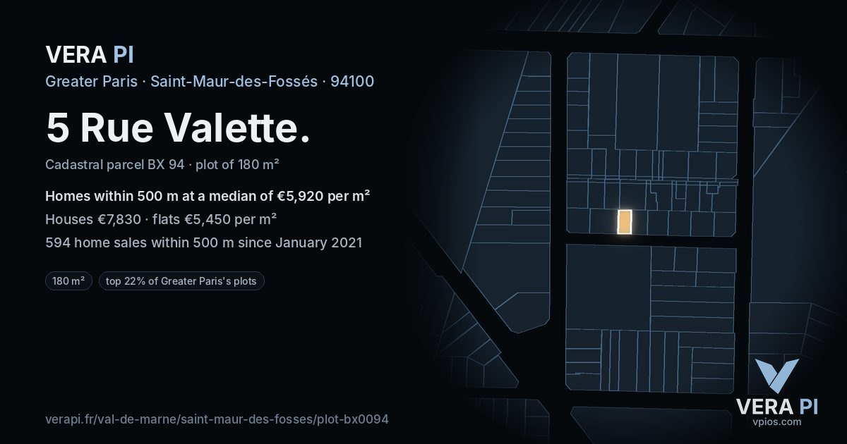 5 Rue Valette, Saint-Maur-des-Fossés at night – the plot lit, the parcels around coloured by the prices near them