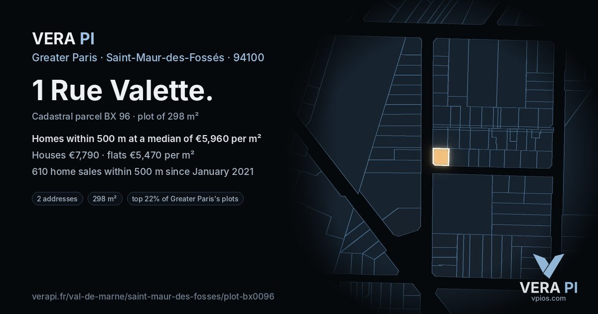 1 Rue Valette, Saint-Maur-des-Fossés at night – the plot lit, the parcels around coloured by the prices near them