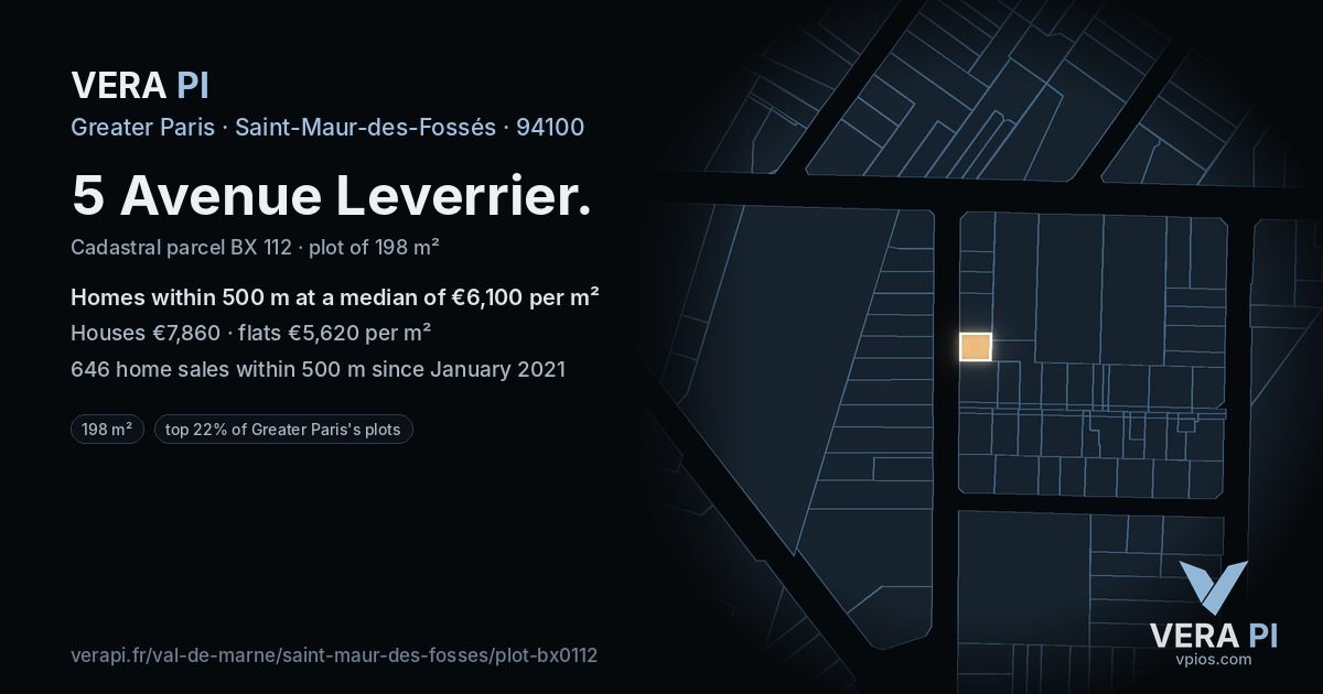 5 Avenue Leverrier, Saint-Maur-des-Fossés at night – the plot lit, the parcels around coloured by the prices near them