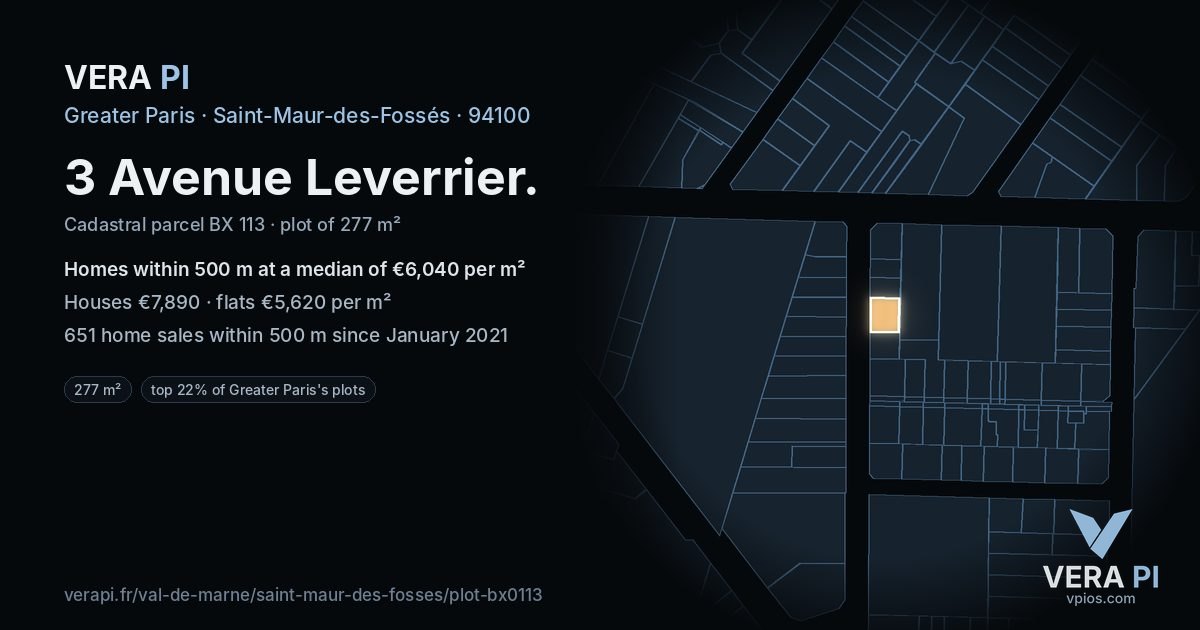 3 Avenue Leverrier, Saint-Maur-des-Fossés at night – the plot lit, the parcels around coloured by the prices near them