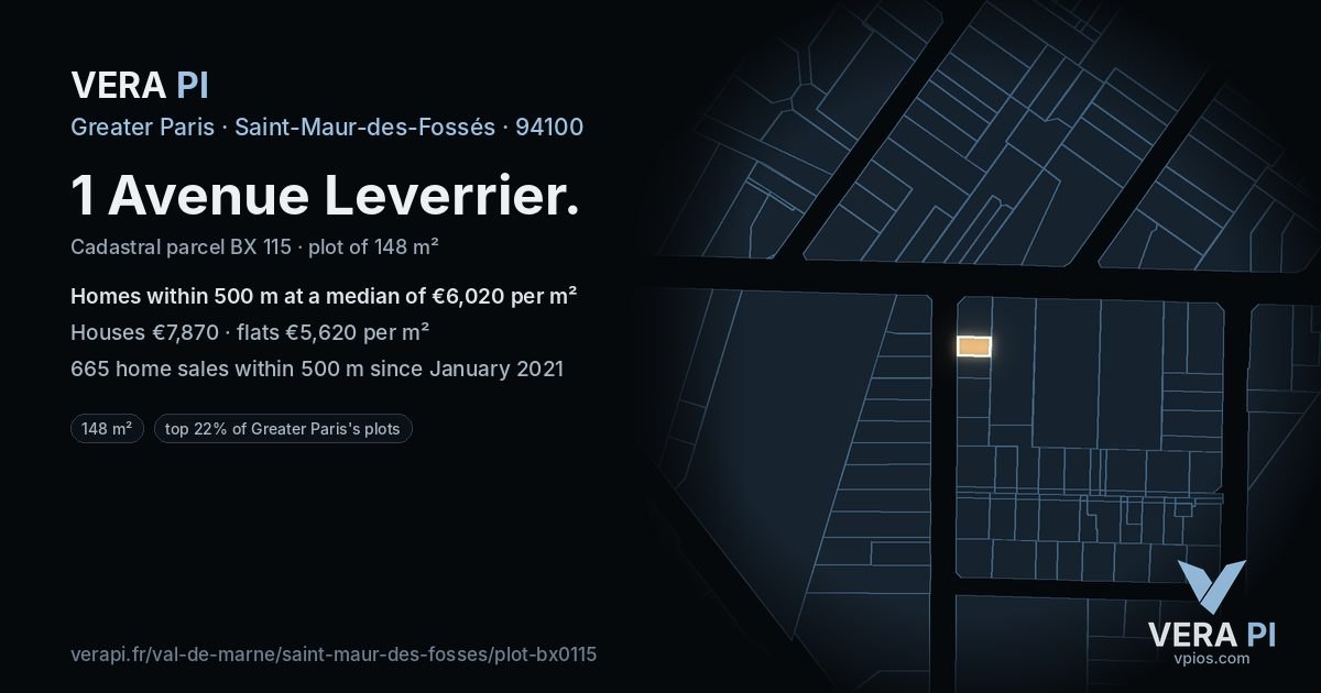1 Avenue Leverrier, Saint-Maur-des-Fossés at night – the plot lit, the parcels around coloured by the prices near them