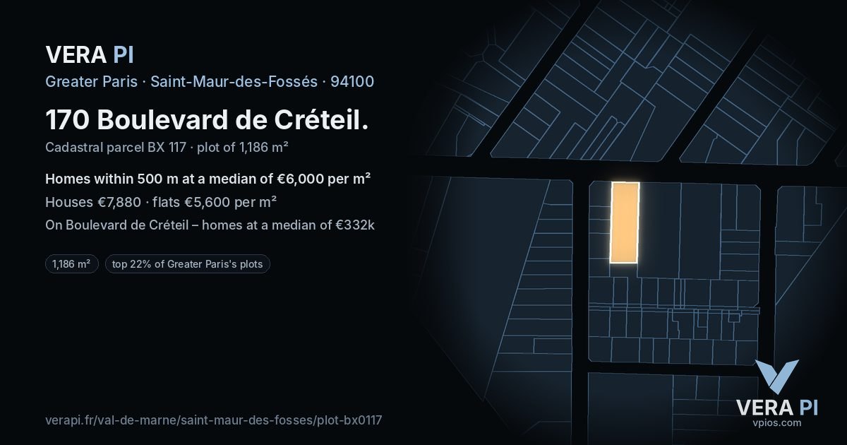 170 Boulevard de Créteil, Saint-Maur-des-Fossés at night – the plot lit, the parcels around coloured by the prices near them