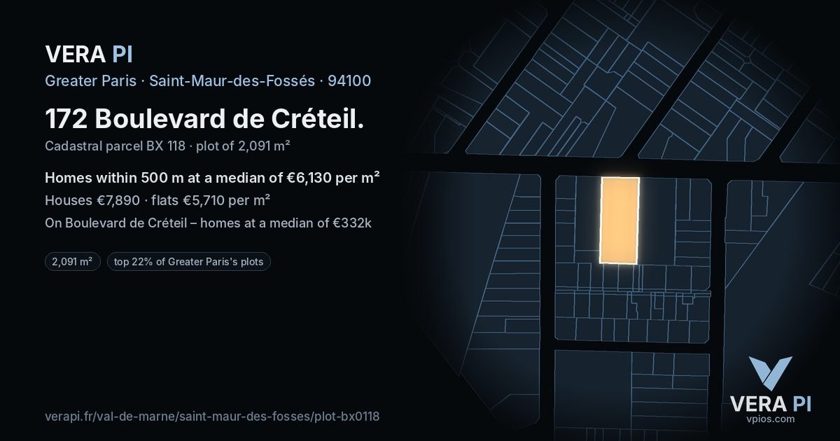 172 Boulevard de Créteil, Saint-Maur-des-Fossés at night – the plot lit, the parcels around coloured by the prices near them