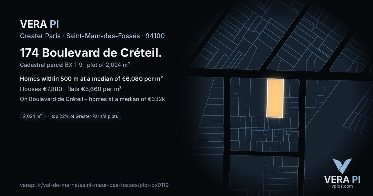 174 Boulevard de Créteil, Saint-Maur-des-Fossés at night – the plot lit, the parcels around coloured by the prices near them