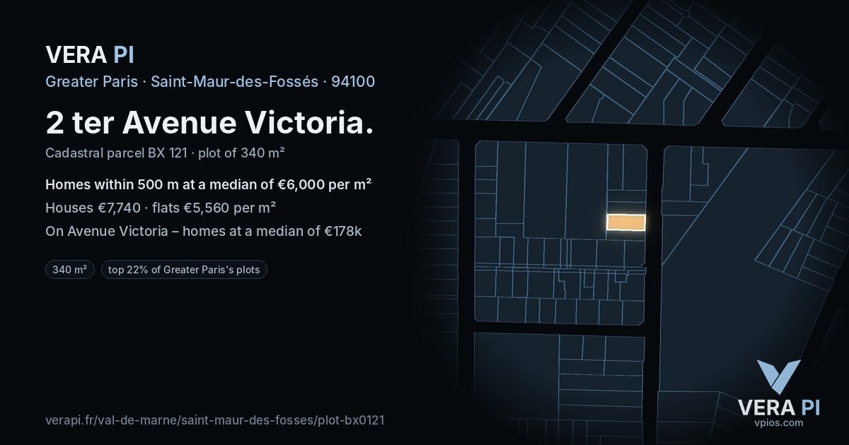 2 ter Avenue Victoria, Saint-Maur-des-Fossés at night – the plot lit, the parcels around coloured by the prices near them