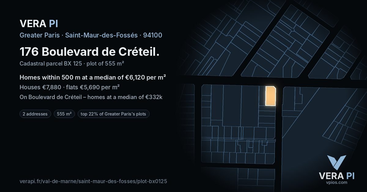 176 Boulevard de Créteil, Saint-Maur-des-Fossés at night – the plot lit, the parcels around coloured by the prices near them