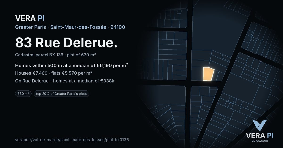 83 Rue Delerue, Saint-Maur-des-Fossés at night – the plot lit, the parcels around coloured by the prices near them