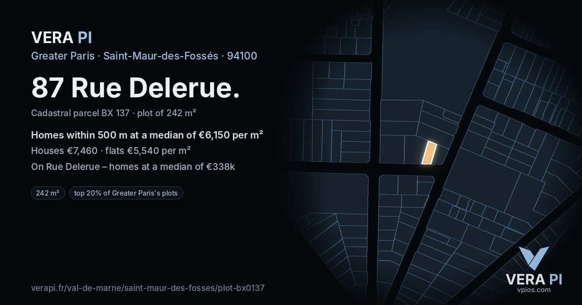 87 Rue Delerue, Saint-Maur-des-Fossés at night – the plot lit, the parcels around coloured by the prices near them
