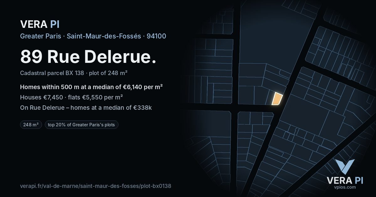 89 Rue Delerue, Saint-Maur-des-Fossés at night – the plot lit, the parcels around coloured by the prices near them