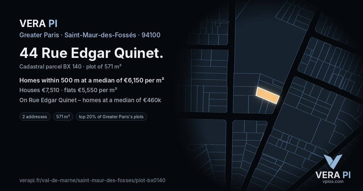44 Rue Edgar Quinet, Saint-Maur-des-Fossés at night – the plot lit, the parcels around coloured by the prices near them