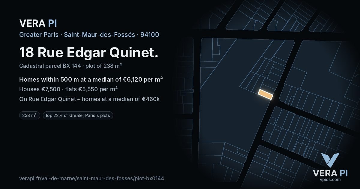 18 Rue Edgar Quinet, Saint-Maur-des-Fossés at night – the plot lit, the parcels around coloured by the prices near them