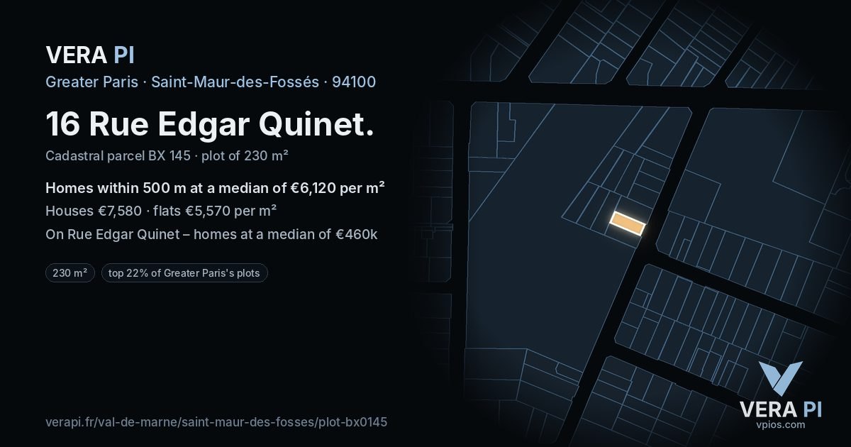 16 Rue Edgar Quinet, Saint-Maur-des-Fossés at night – the plot lit, the parcels around coloured by the prices near them