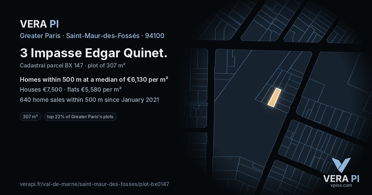 3 Impasse Edgar Quinet, Saint-Maur-des-Fossés at night – the plot lit, the parcels around coloured by the prices near them