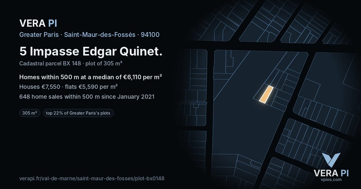 5 Impasse Edgar Quinet, Saint-Maur-des-Fossés at night – the plot lit, the parcels around coloured by the prices near them