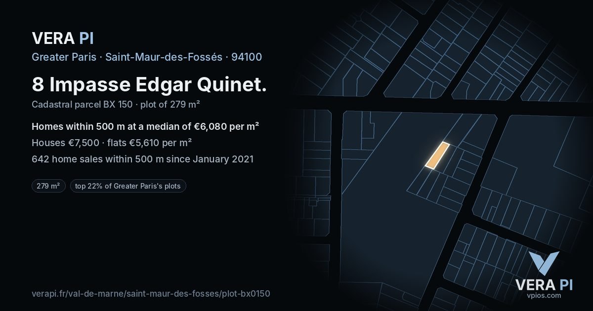 8 Impasse Edgar Quinet, Saint-Maur-des-Fossés at night – the plot lit, the parcels around coloured by the prices near them